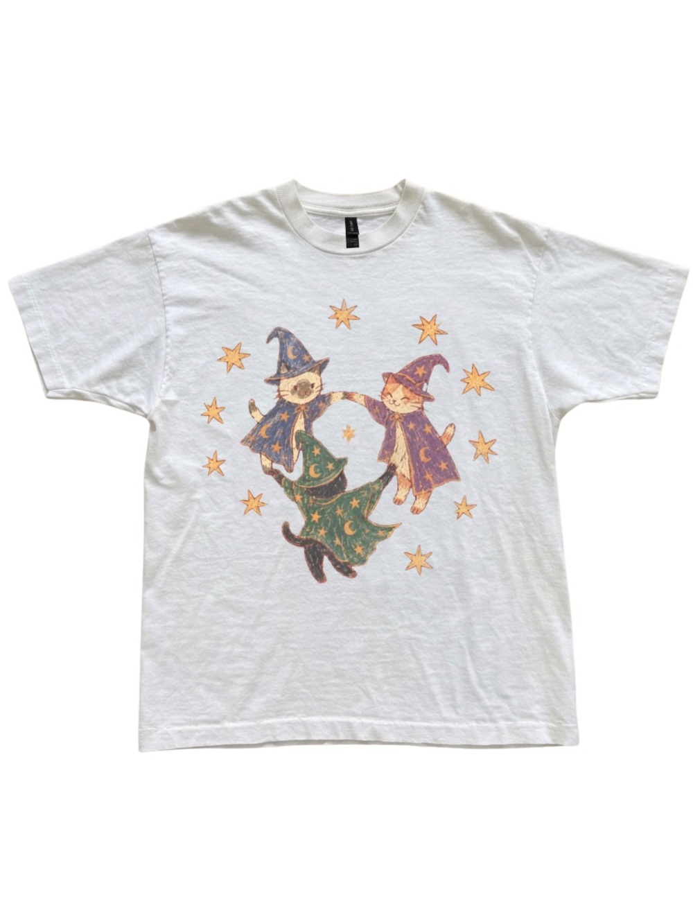 Gildan White Cute Vintage Wizard Cats Graphic Tee, Cat Lover Gift
